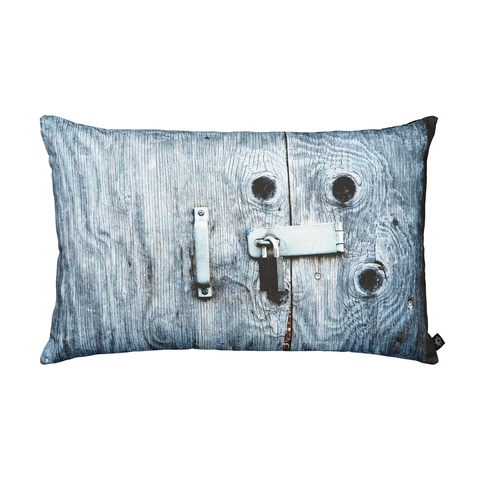 Blue Door with Padlock Decorative Pillow